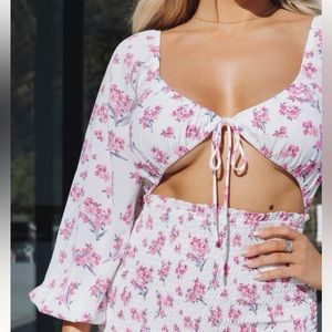 Long sleeve smocked pink white floral ruffle dress tie front